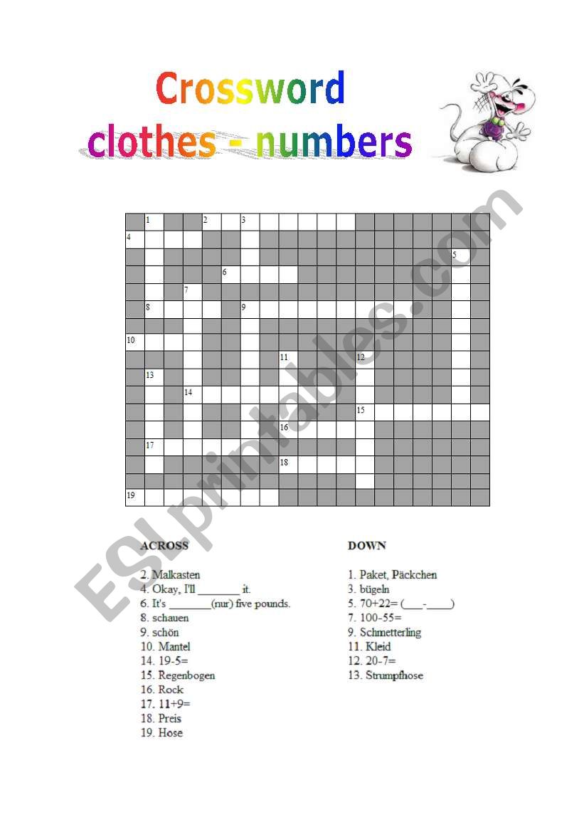 Crossword clothes and numbers worksheet