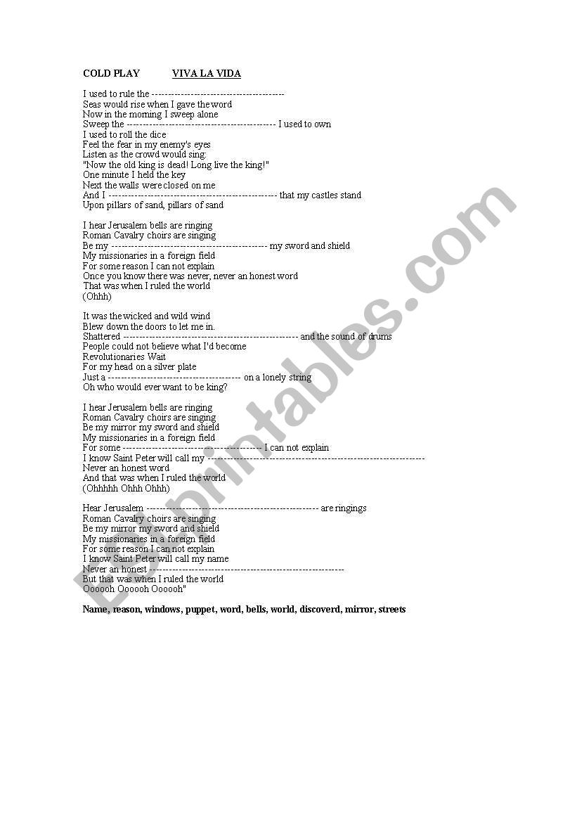 COLD PLAY VIVA LA VIDA worksheet