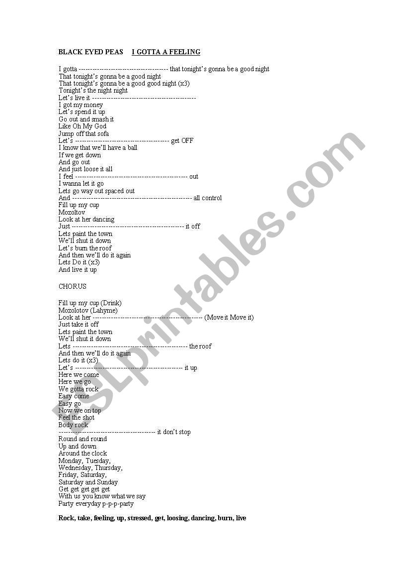 BLACK EYED PEAS (4 songs) worksheet