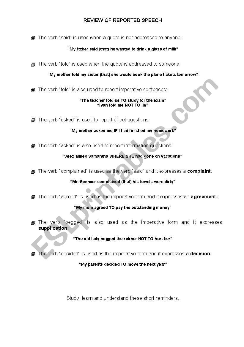 Sumary of reported speech worksheet