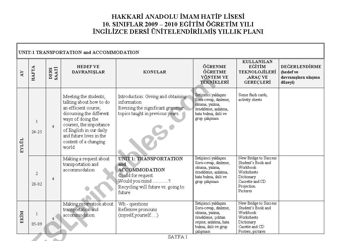 2009-2010 new bridge to success grade 10 coursebook lesson plan