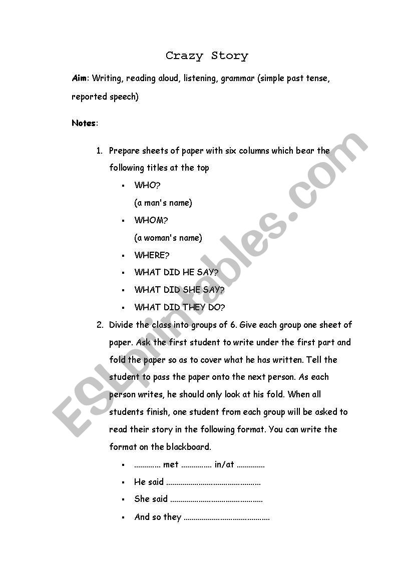 Crazy Story worksheet