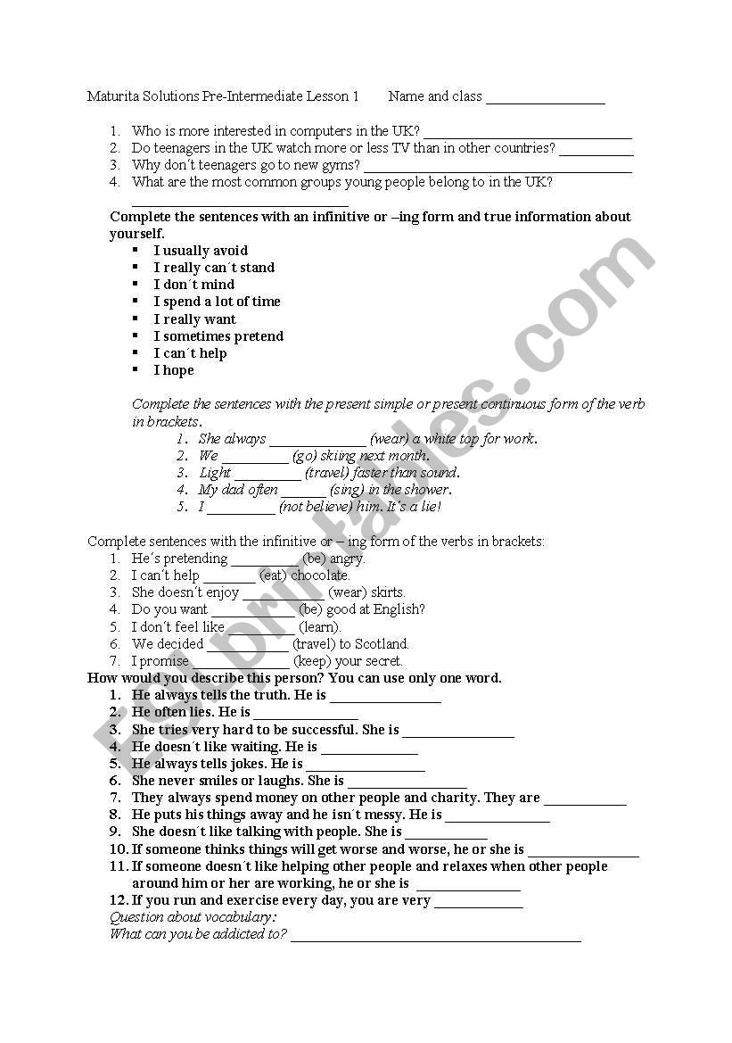 Maturita Solutions Pre-Intermediate Lesson 1 - Test or Revision