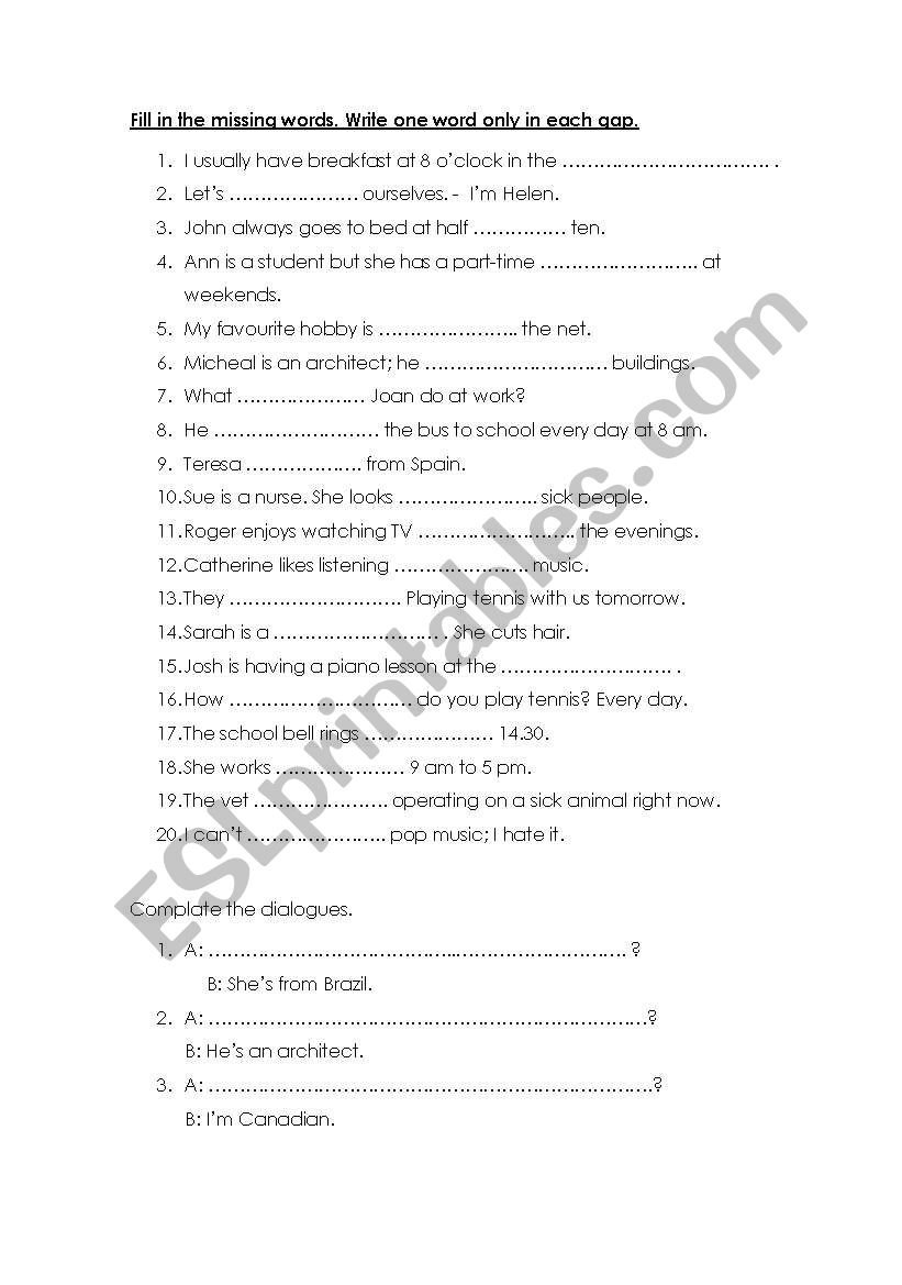 fill the missing word worksheet