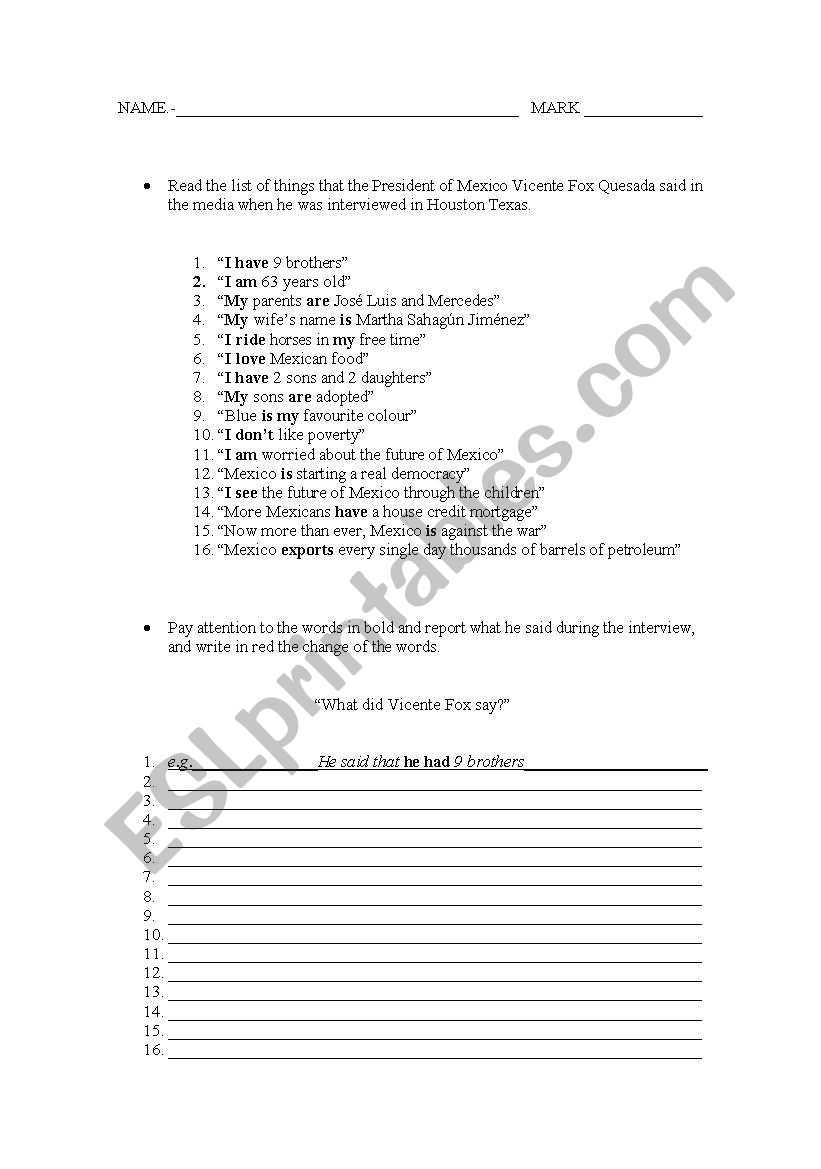 reported speech worksheet