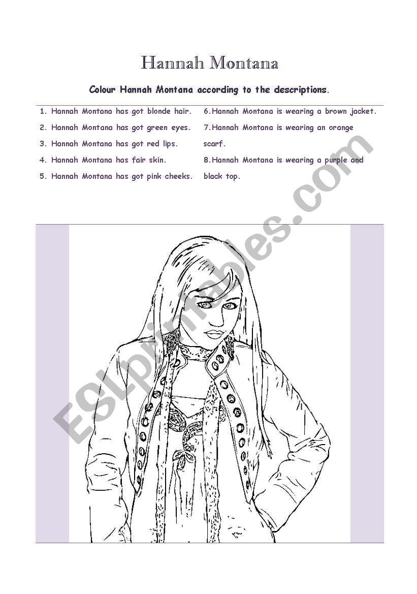 Colour Hannah Montana worksheet