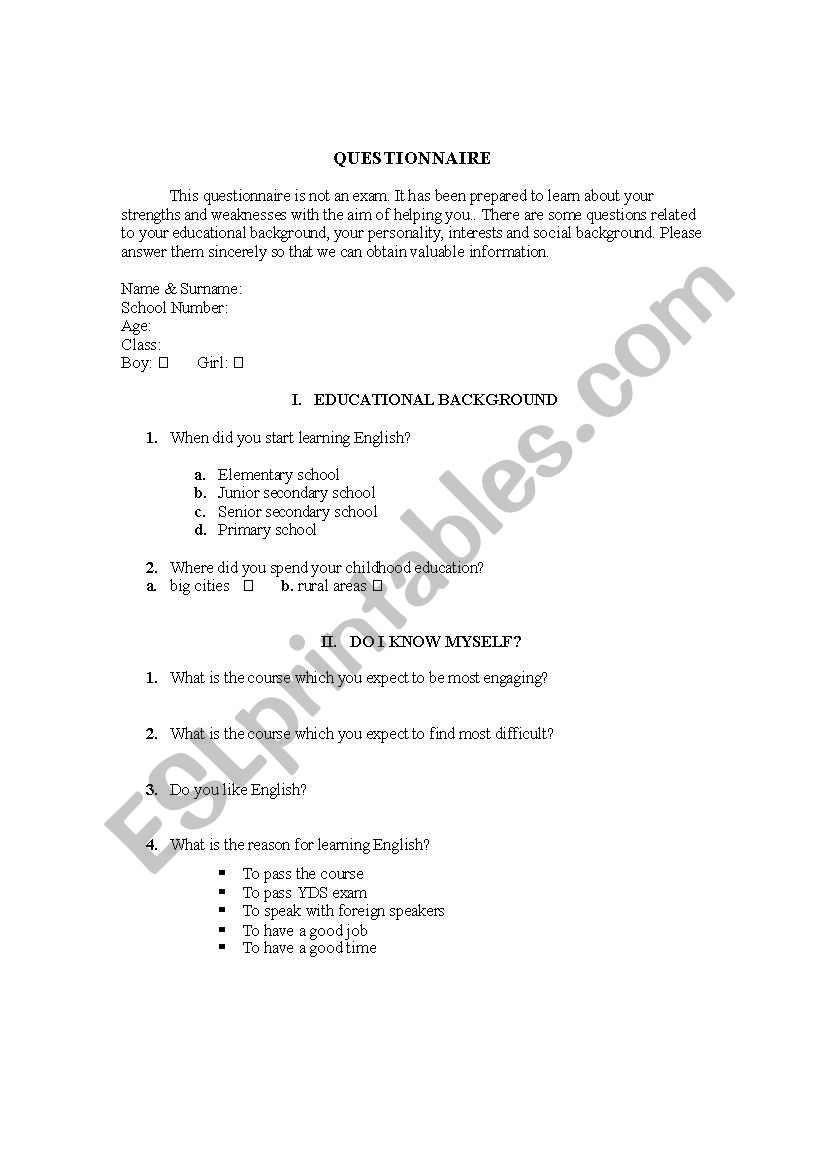 questionnaire for students worksheet