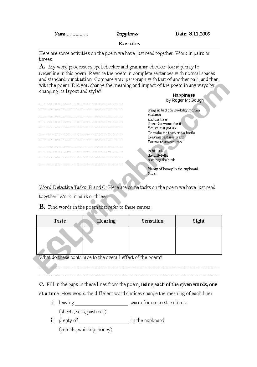 Happiness by Roger McGough worksheet