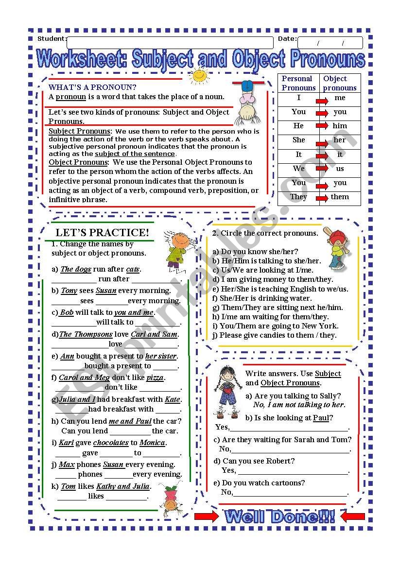 Worksheet: Subject and Object Pronouns