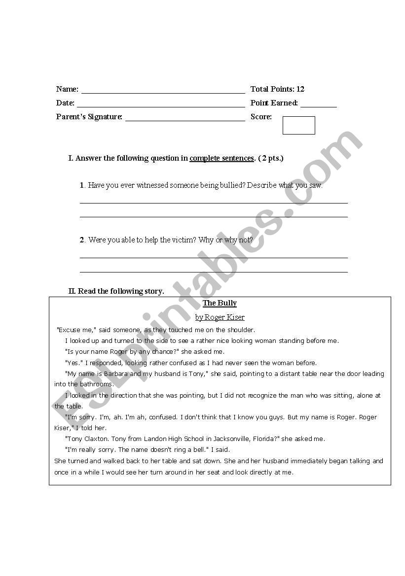 Unfamiliar Reading Quiz worksheet
