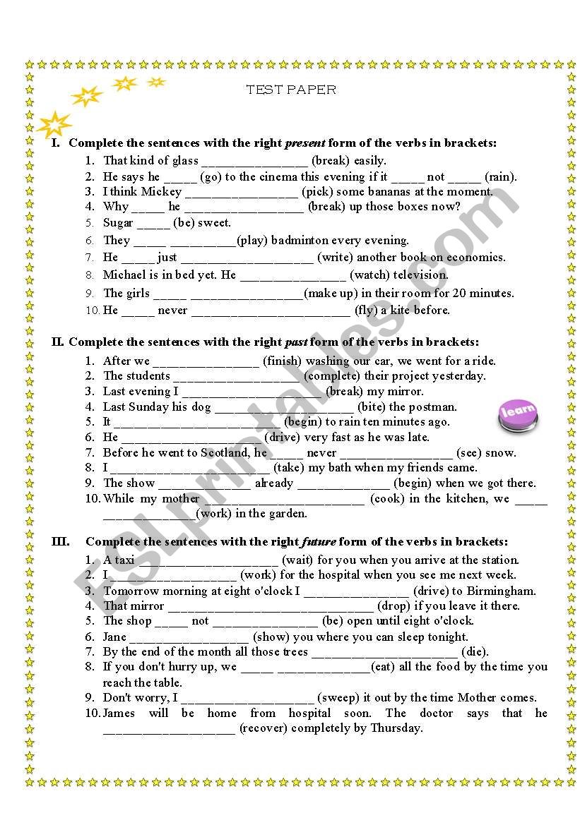 advanced test worksheet