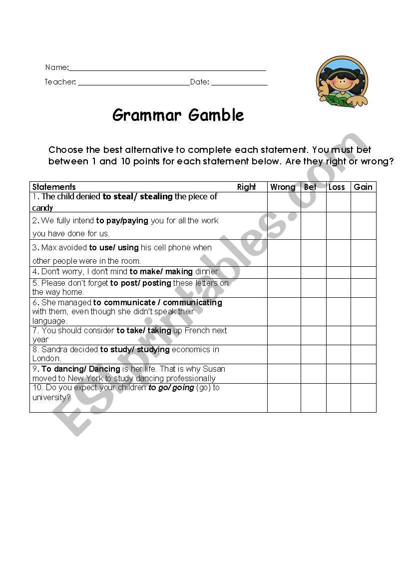 Grammar Gamble with gerund and infinitive