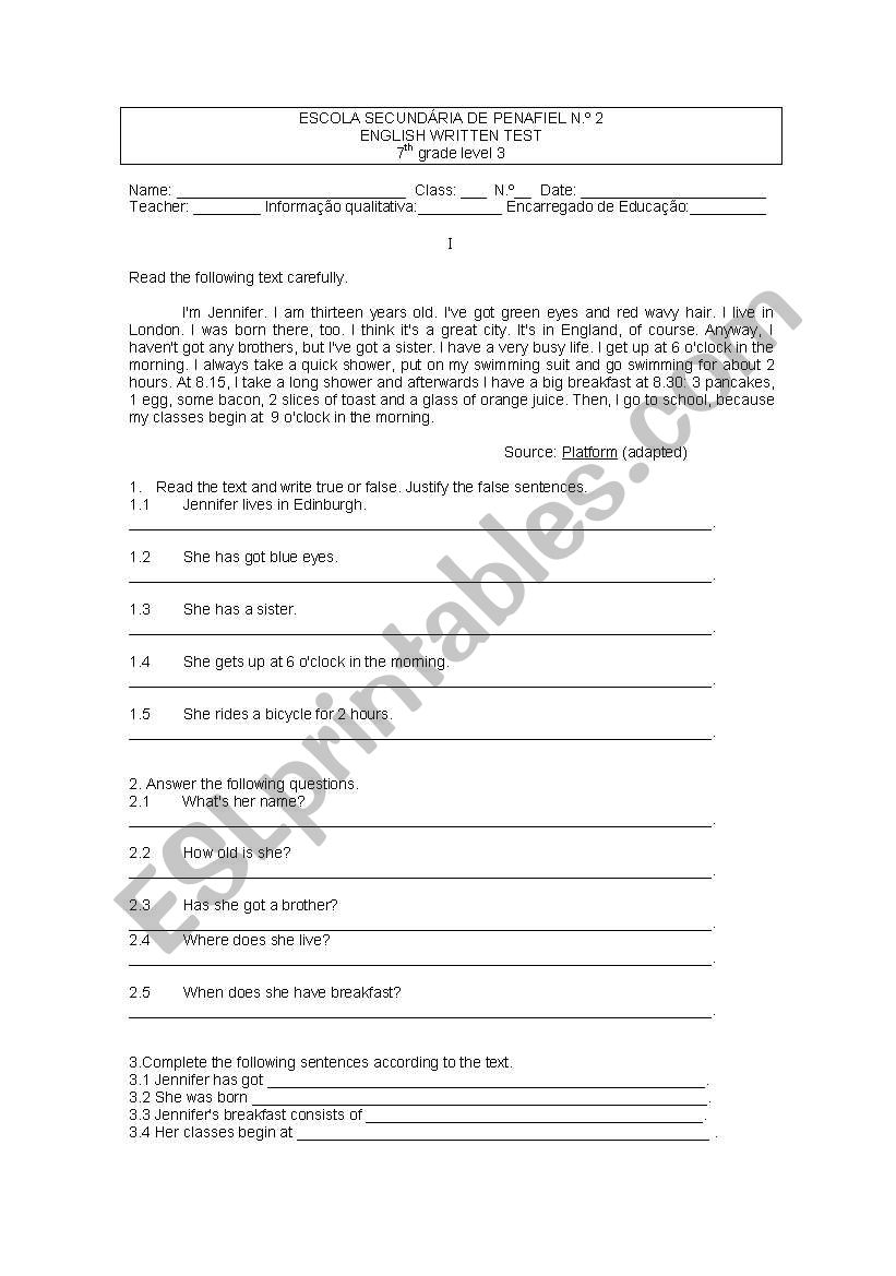 Written test worksheet