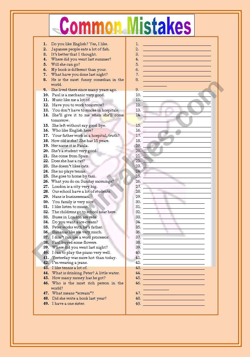 Common Mistakes worksheet