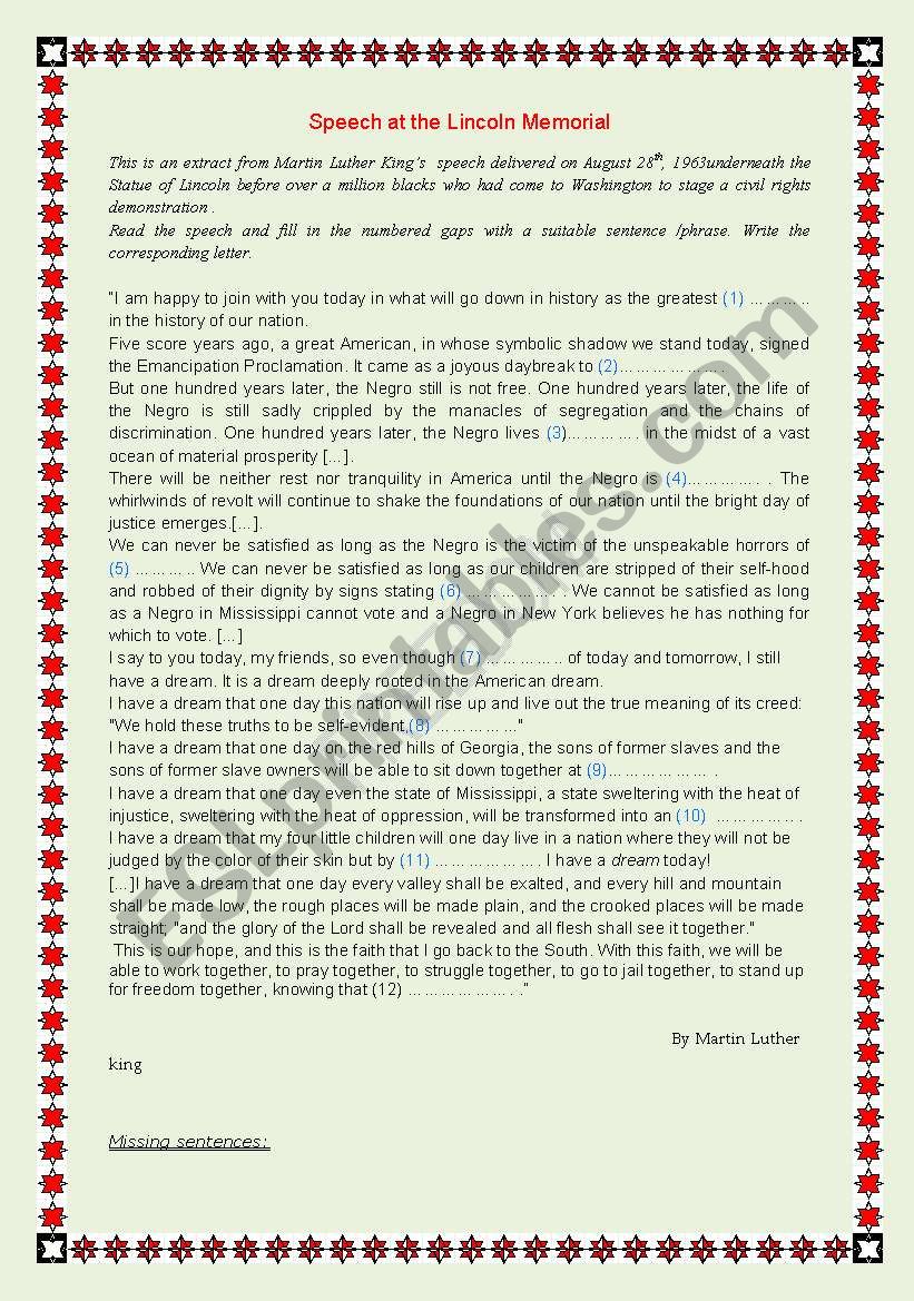MARTIN LUTHER KING speech worksheet