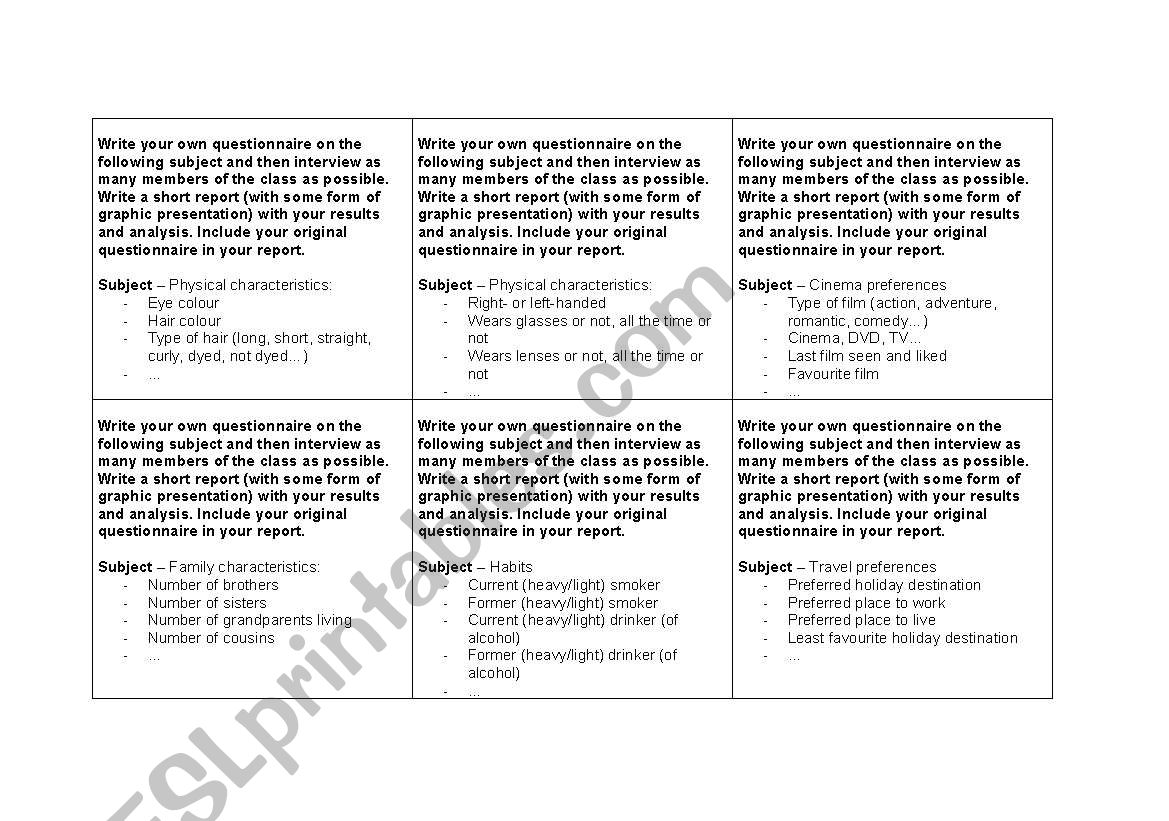 Questionnaires and statistics worksheet