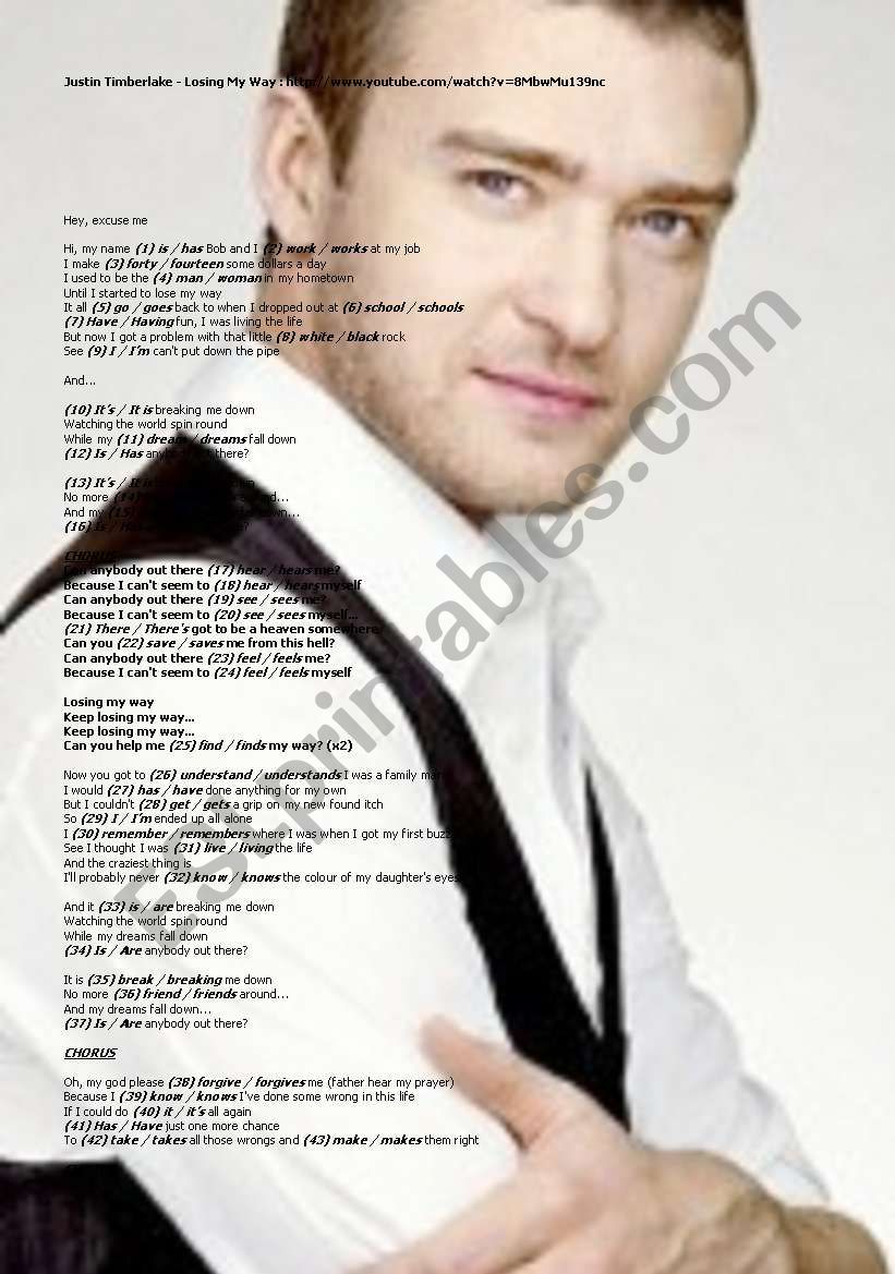 Present Simple: Multiple choice exercise - song: Â«LOOSING MY WAYÂ» by JUSTIN TIMBERLAKE (2 pages)
