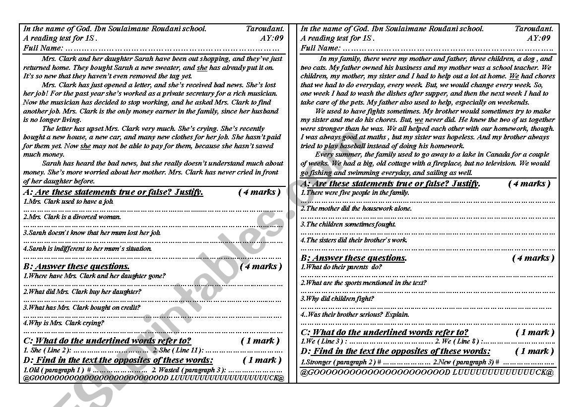 Two reading texts worksheet