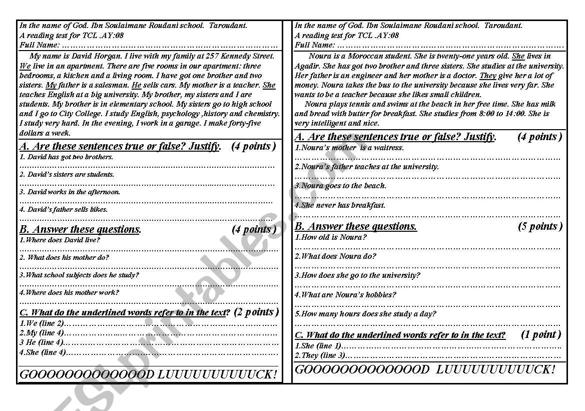 Two reading texts worksheet