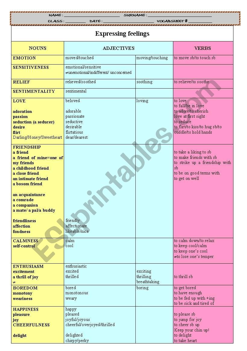 Expressing feelings worksheet