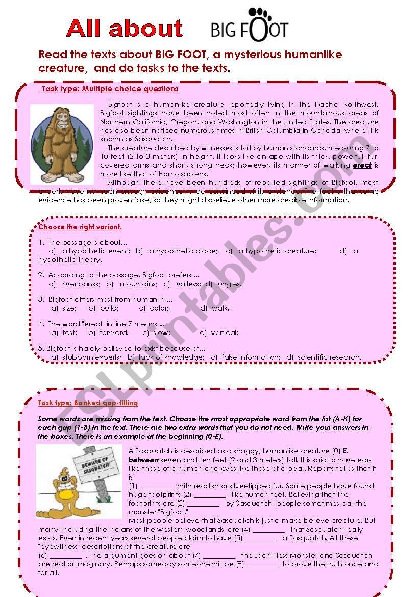 All about Bigfoot worksheet