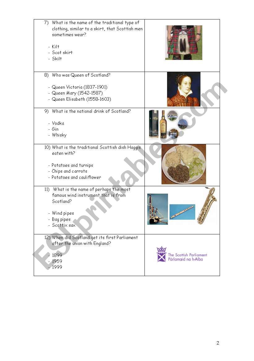 Scotland quiz 2 worksheet