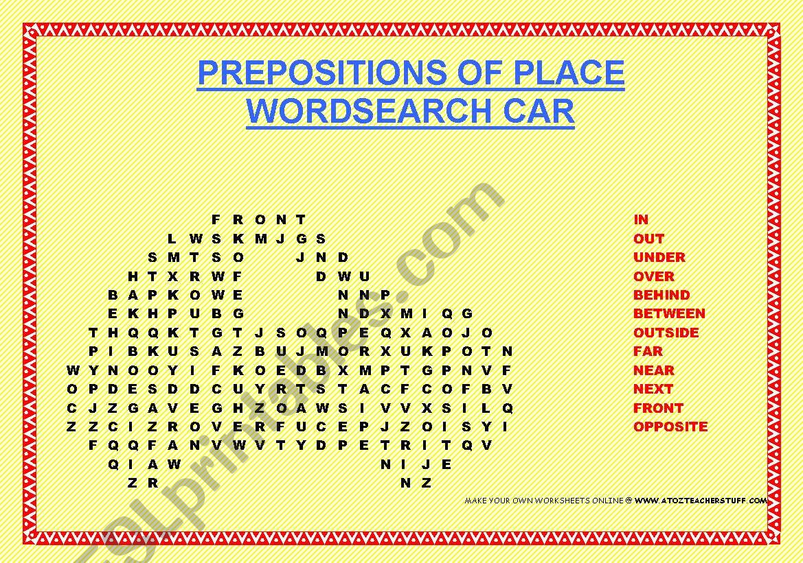 PREPOSITIONS OF PLACE WORDSEARCH (in the shape of a car!!!!)