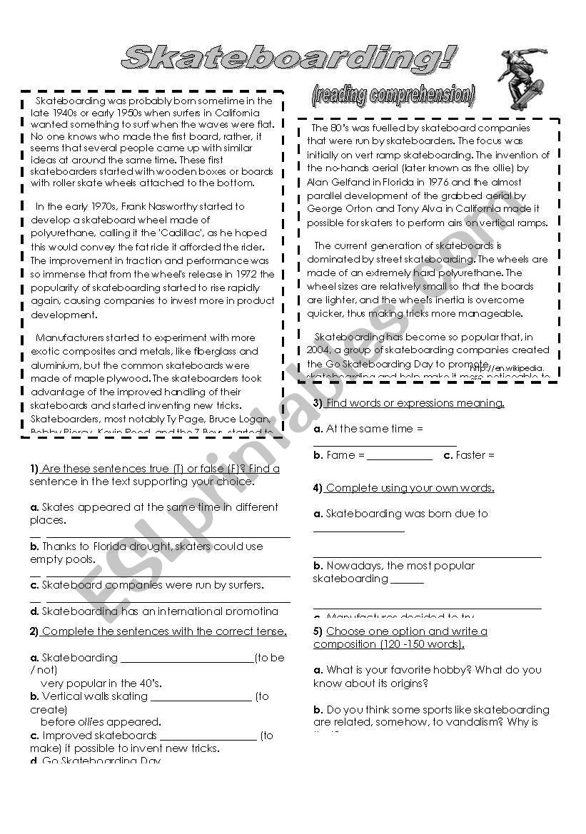 Skateboarding (reading comprehension) - ESL worksheet by Akanah