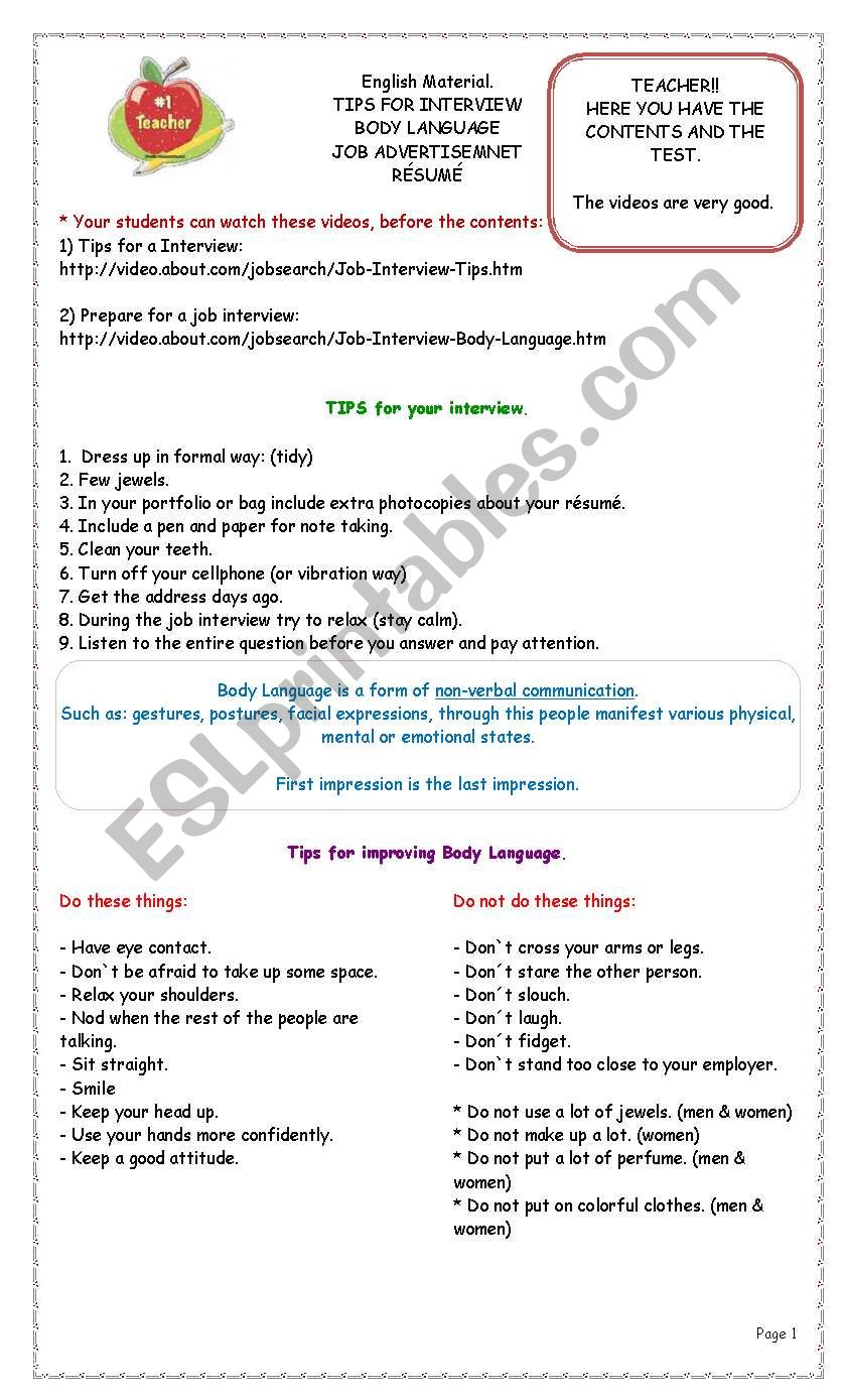 TIPS FOR INTERVIEW, BODY LANGUAGE, JOB ADVERTISEMNET and RÃ‰SUMÃ‰