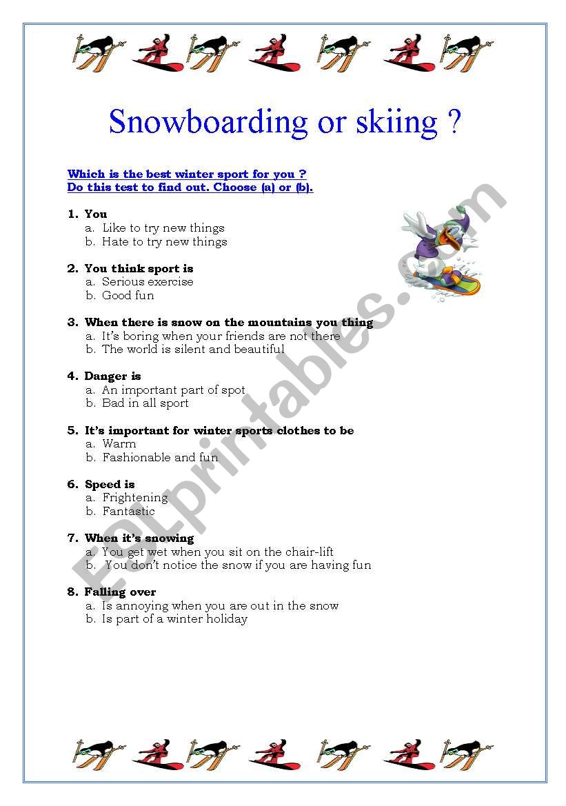 Snowboarding or skiing (3 pages with answers)