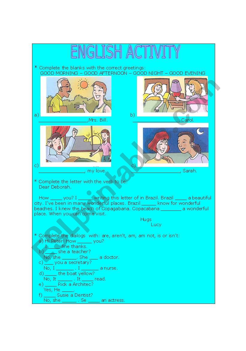 Verb to be and greetings worksheet