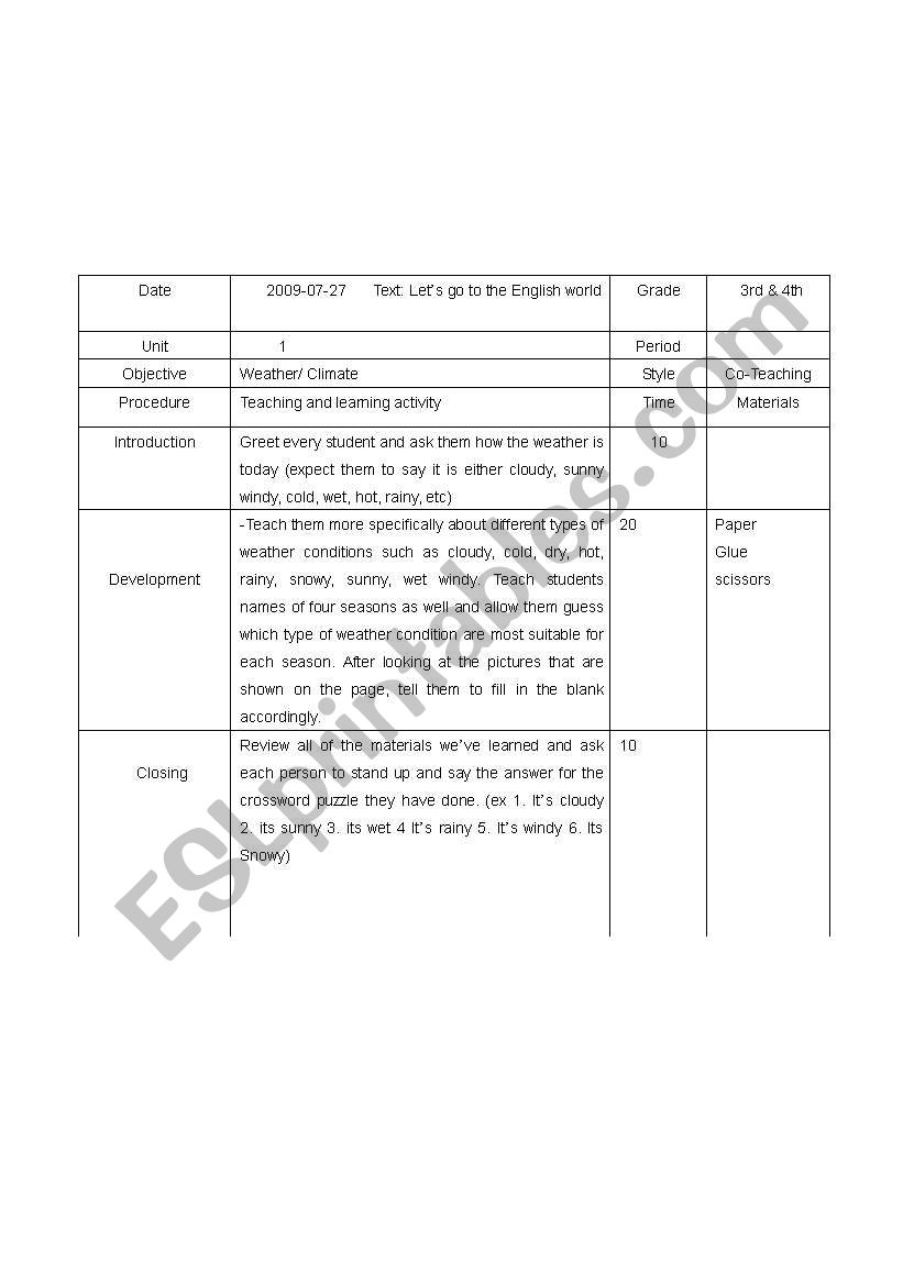 Lesson plan for 3/4 Graders worksheet