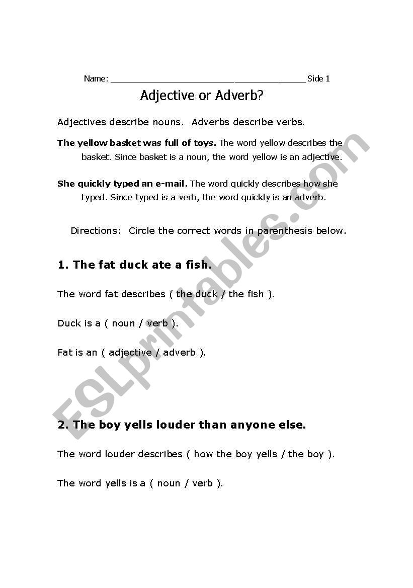 Adjective and Adverb worksheet