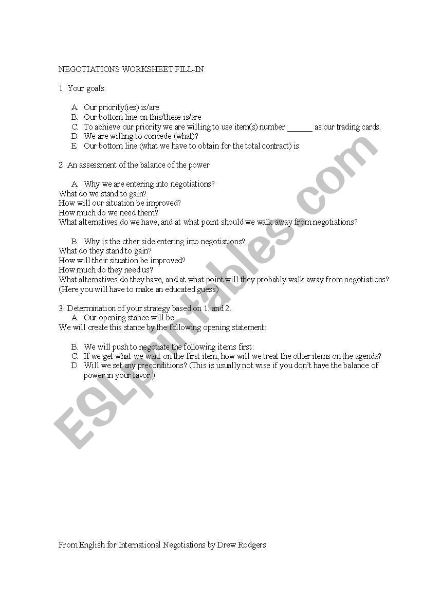 Negotiations worksheet fill-in