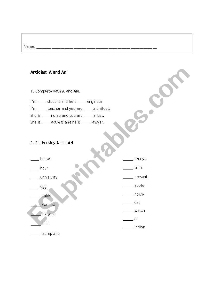 Fill the gaps with the articles a and an