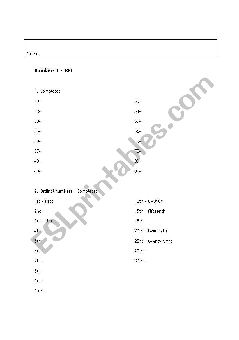 Cardinal and ordinal numbers 1-100