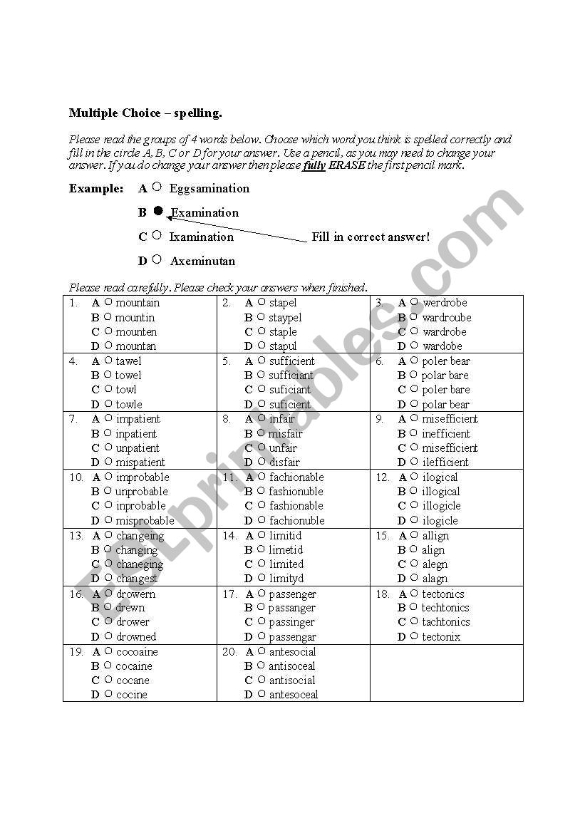 Spelling - Multi Choice - Grades 5 and 6