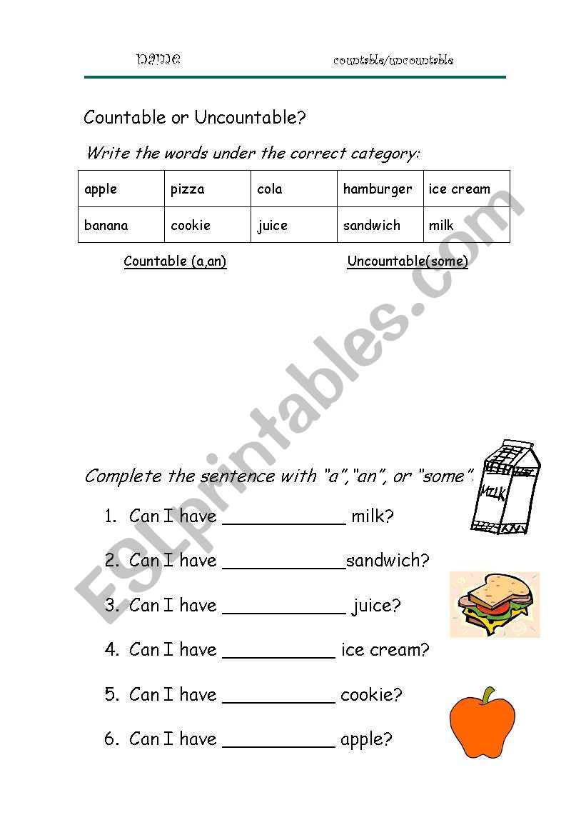 Countables or uncountables worksheet
