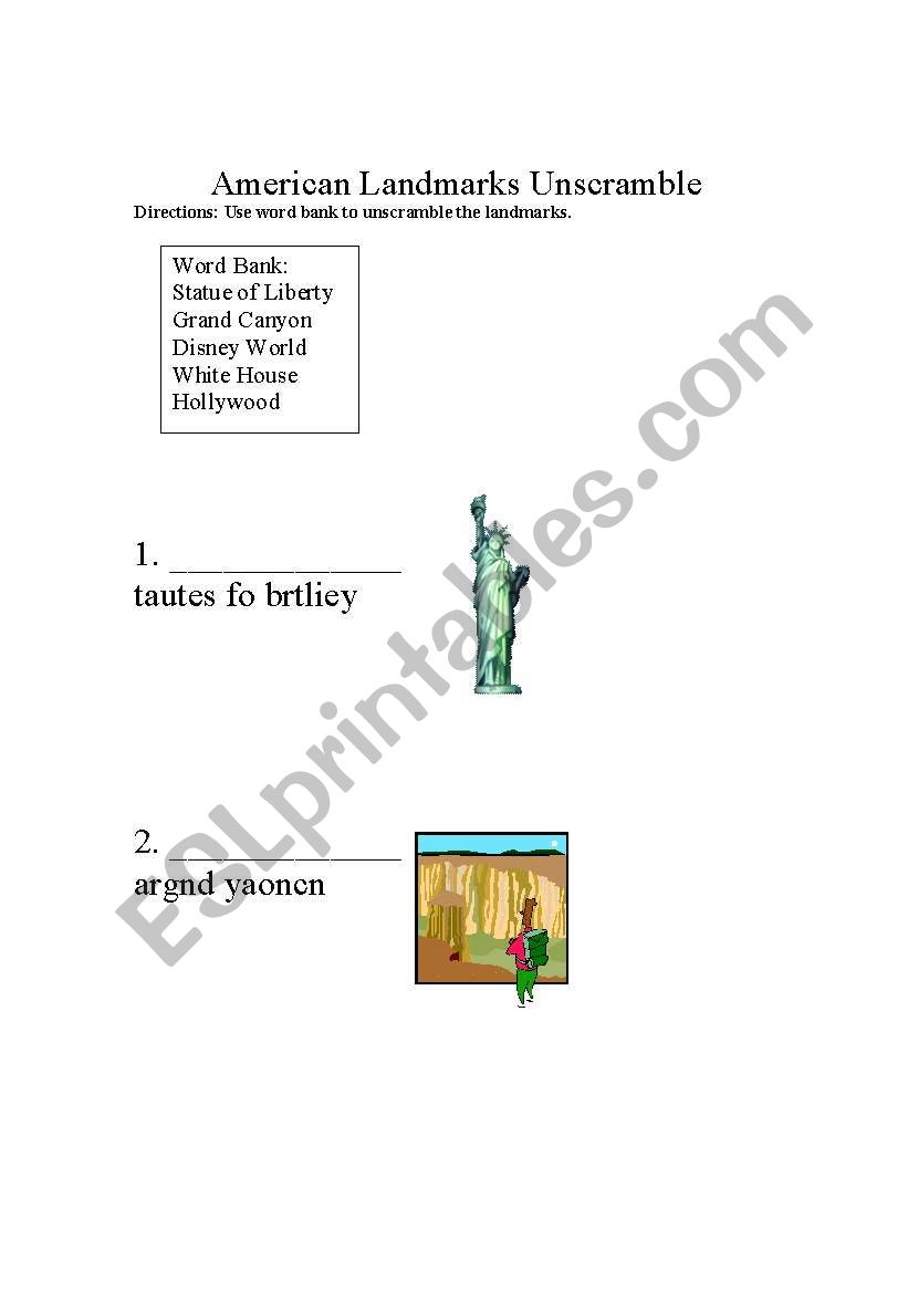 American Landmarks Unscramble worksheet