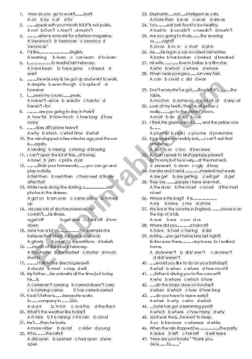 grammar test worksheet