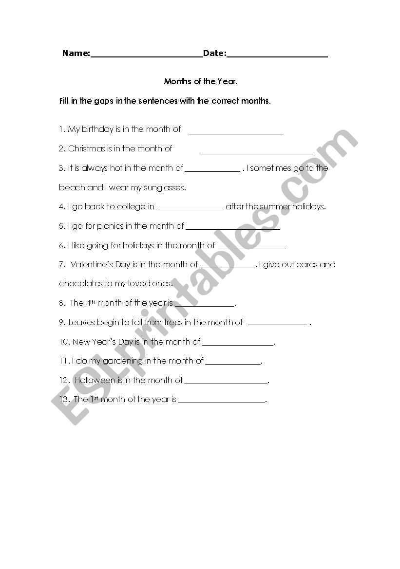 Months of the Year Test worksheet