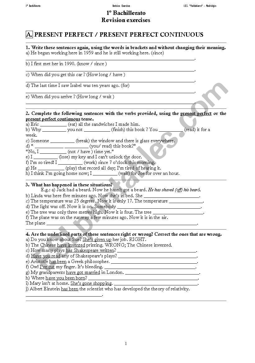 revision of present perfect worksheet