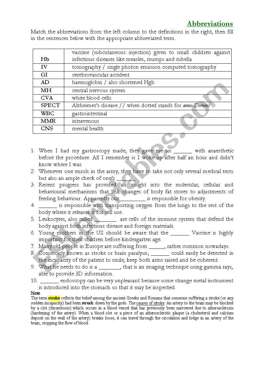 Abbreviations 1 worksheet