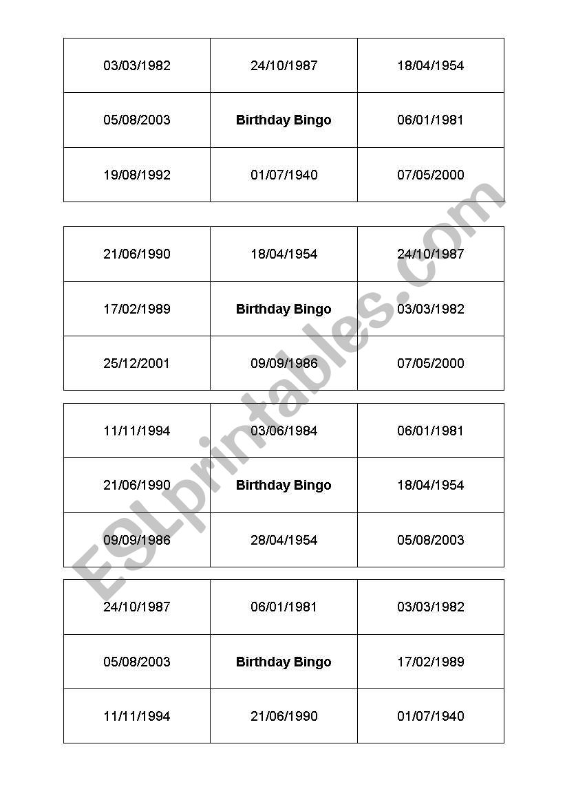 Birthday Bingo worksheet