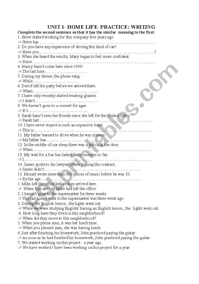 writing exercise worksheet