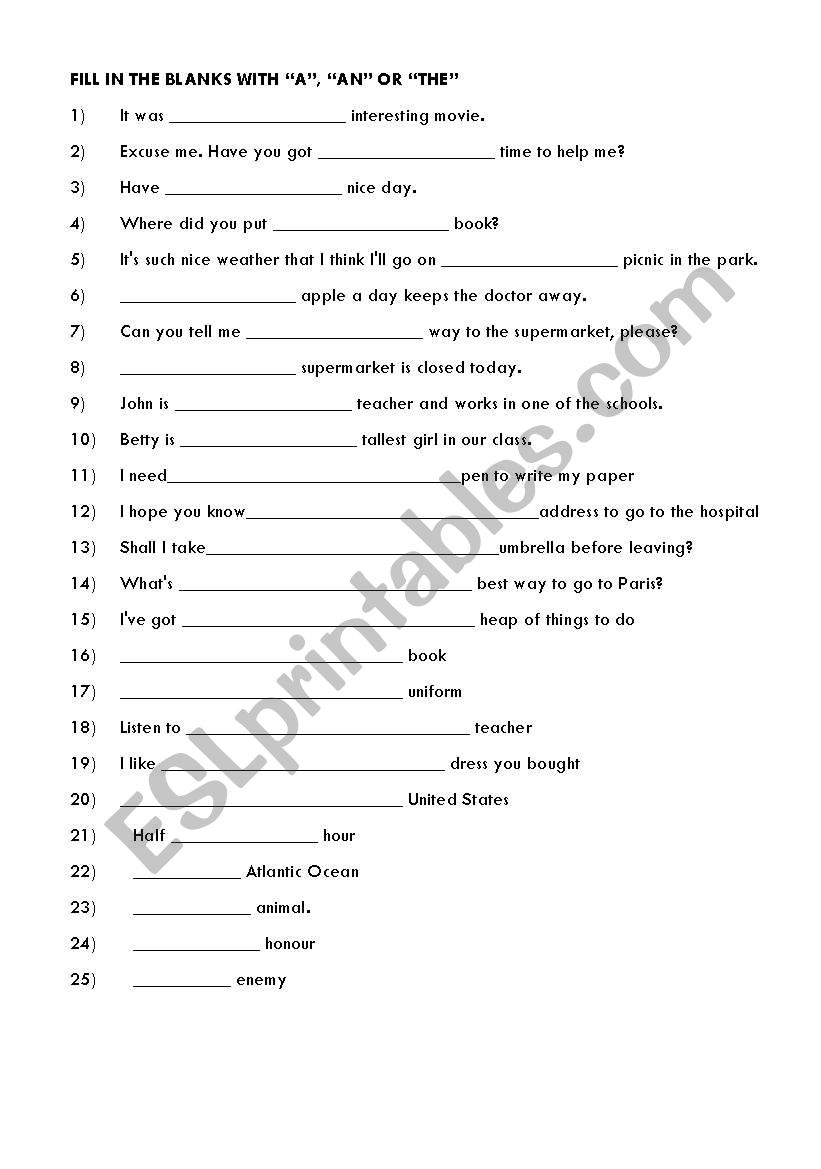 USE OF ARTICLES WORKSHEET WITH ANSWERS