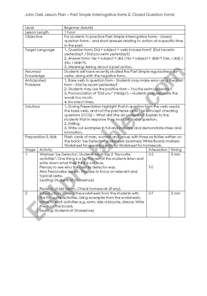 Lesson Plan Past Simple Interrogative Form