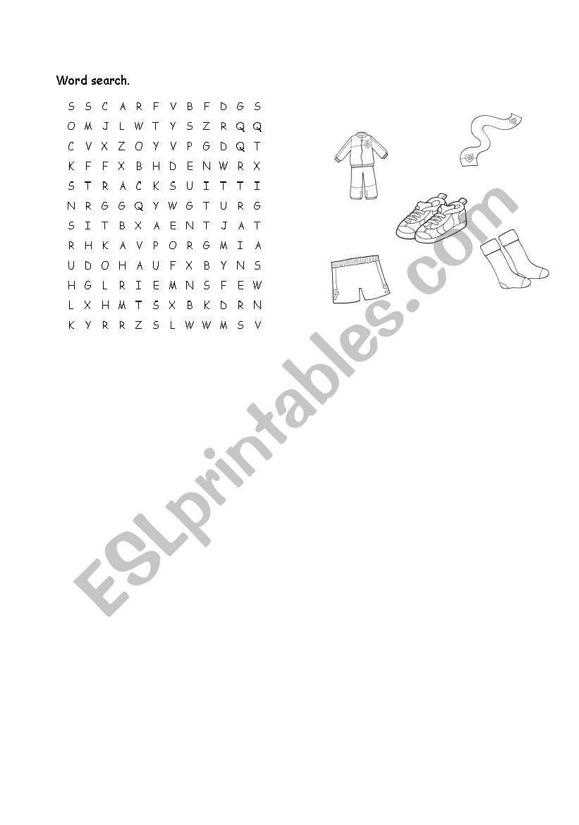 Sports clothes word search worksheet