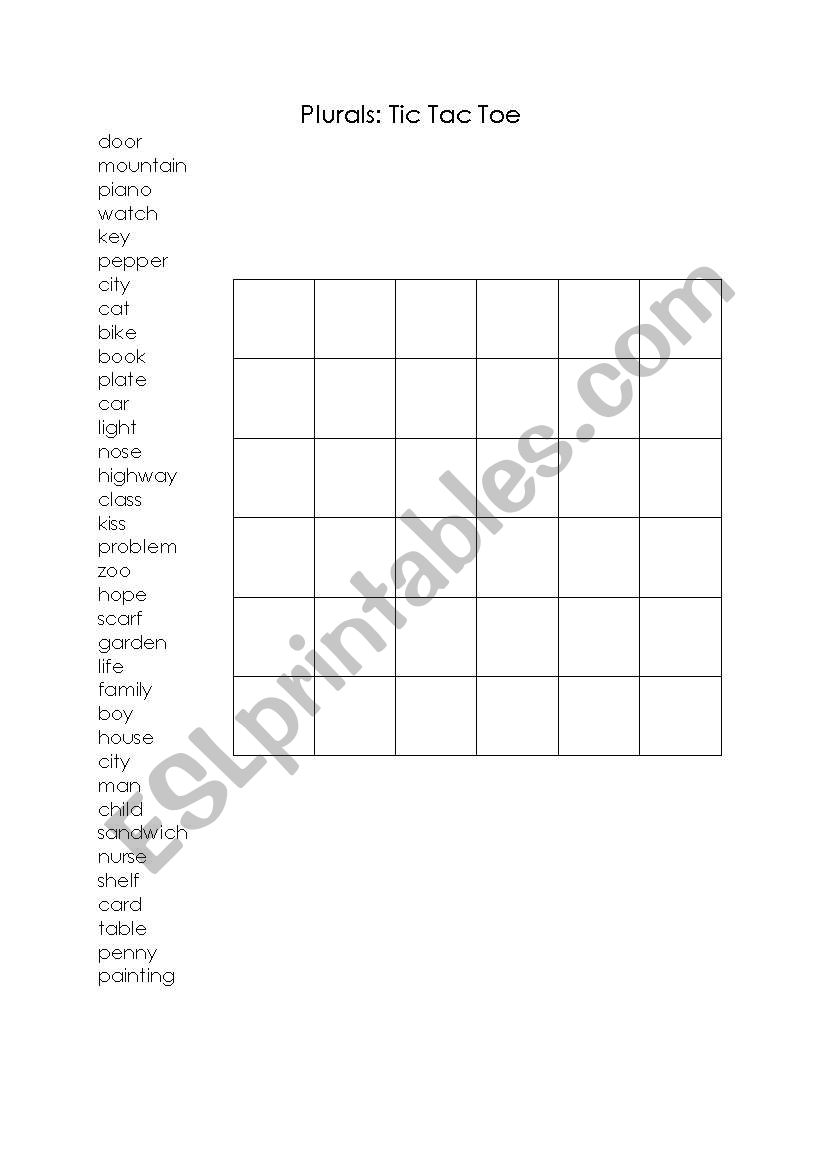 plurals tic tac toe worksheet