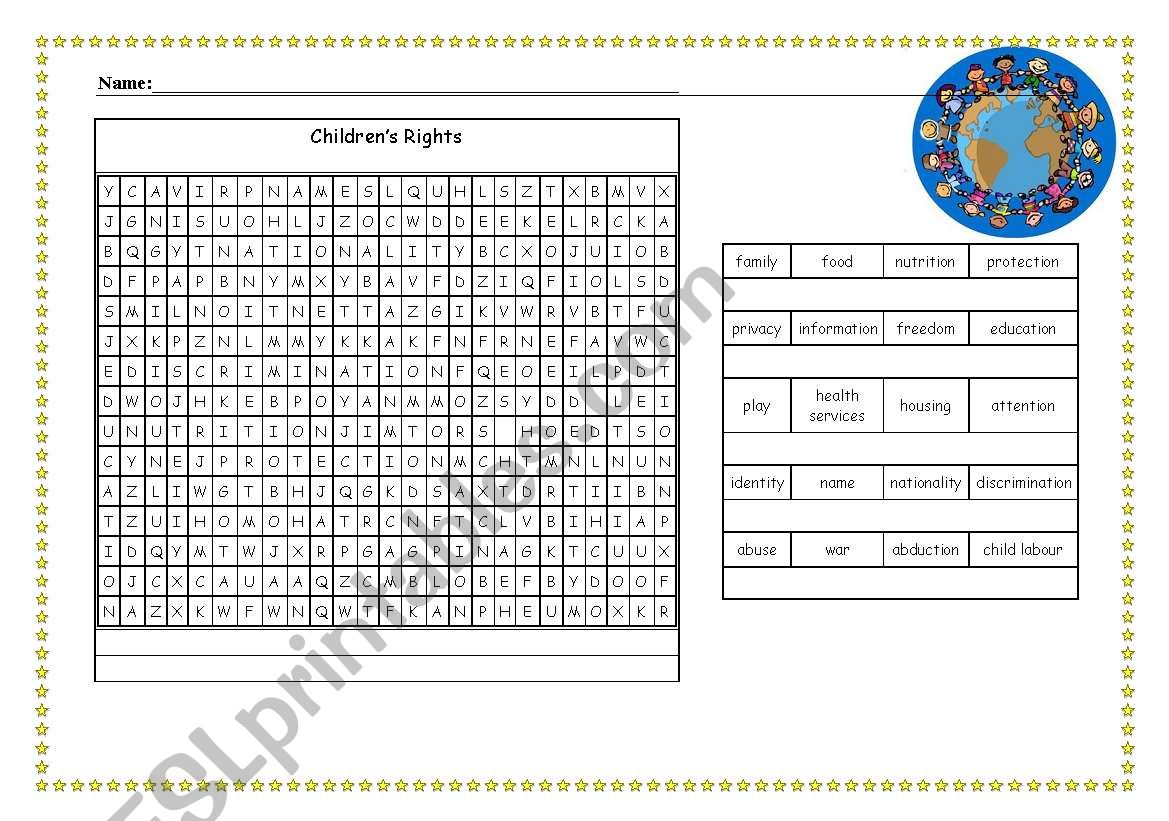 Childrens Rights  Wordsearch worksheet